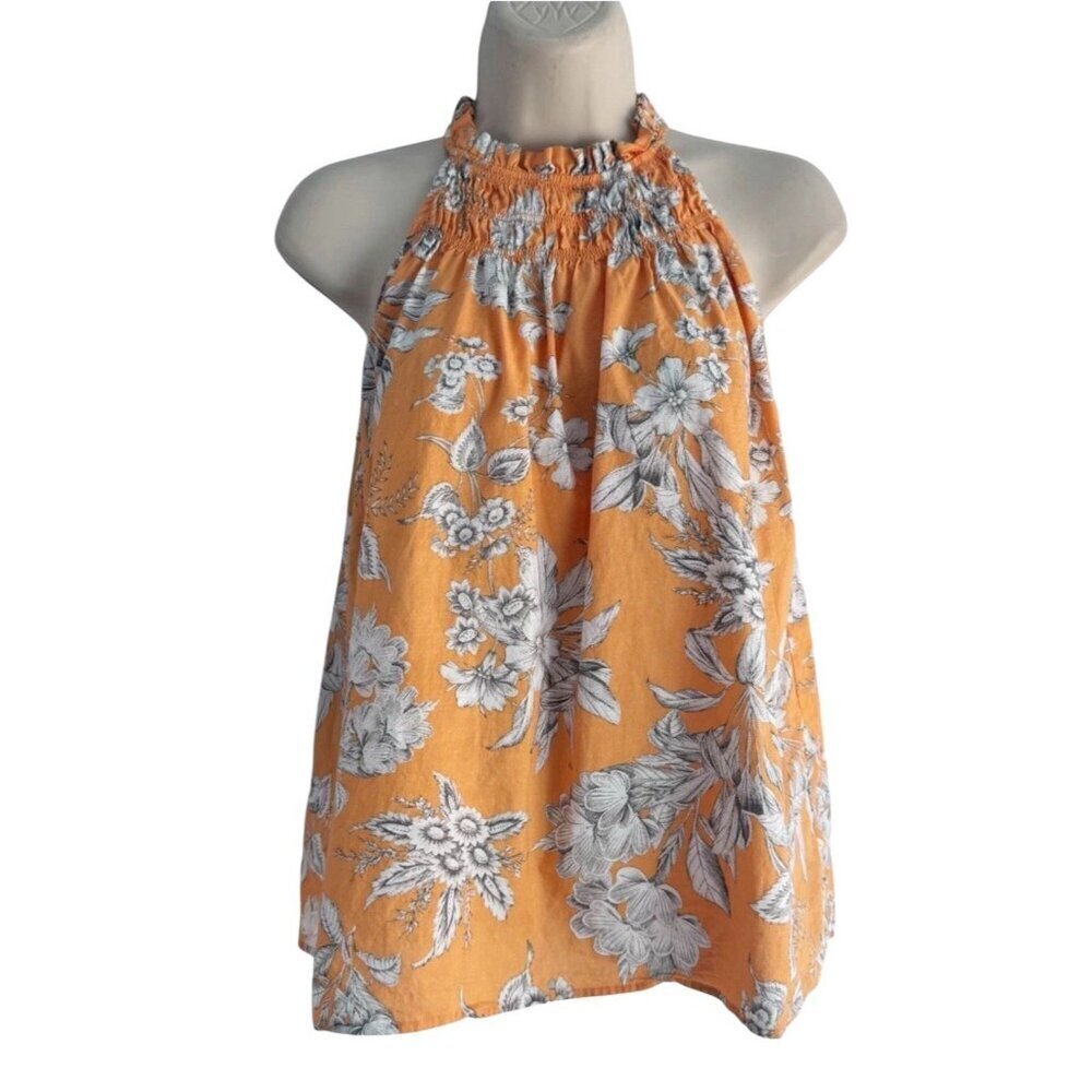 Ann Taylor Women's Sz XS Tropical Toile Orange Floral Smocked Halter Top